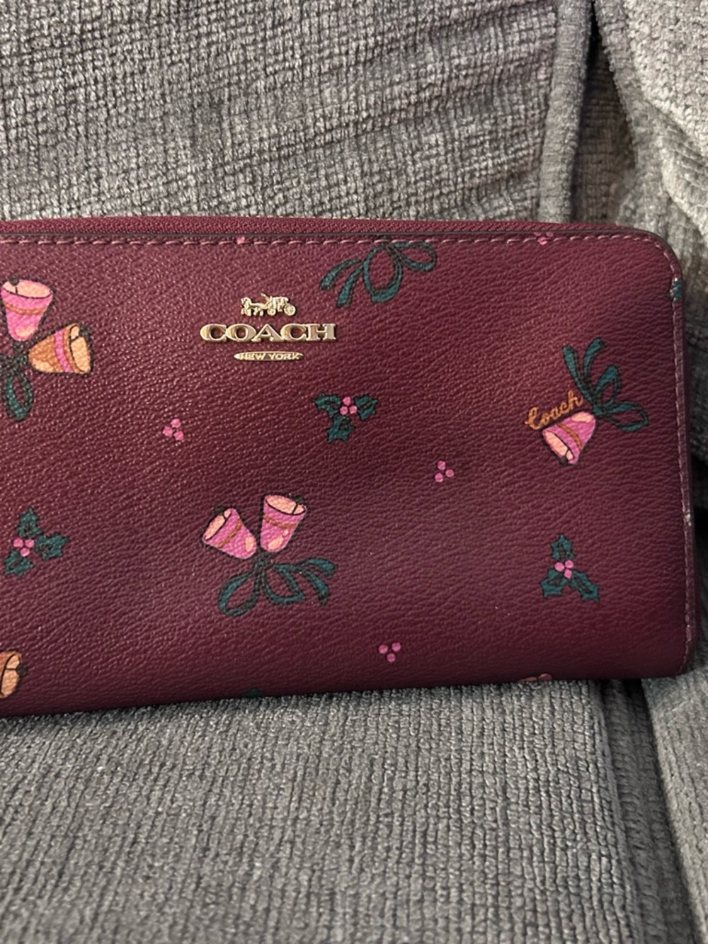 Coach Burgundy Floral Zip Around Wallet with Gold Logo